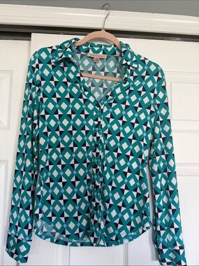Philosophy Petite Sophisticate Teal & Navy Geometric Button-Down Blouse